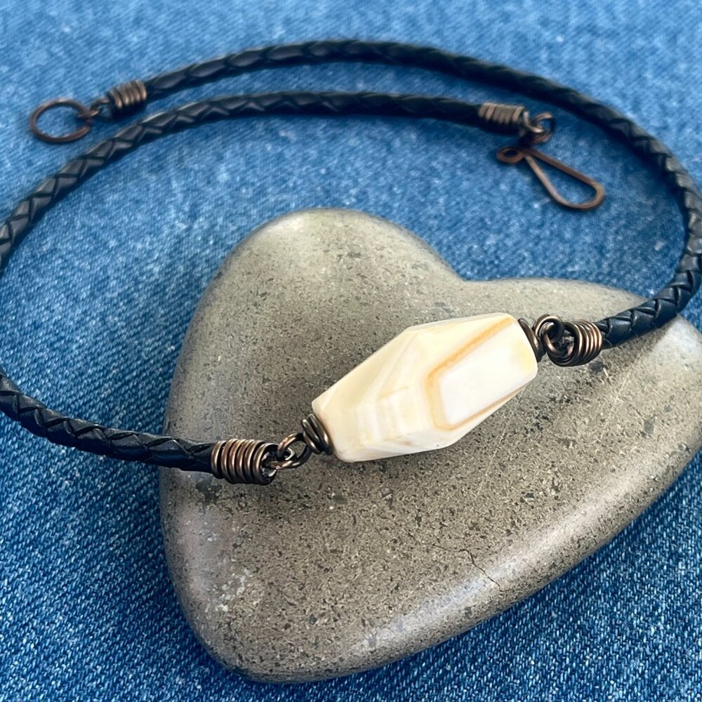 Braided Leather Necklace, Vintage White Agate, Men's Women's Layering Necklace